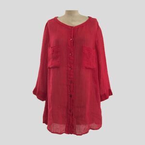 Eileen Fisher Red Long Sleeve Minimalist Linen Button Front Relaxed Shirt Top S